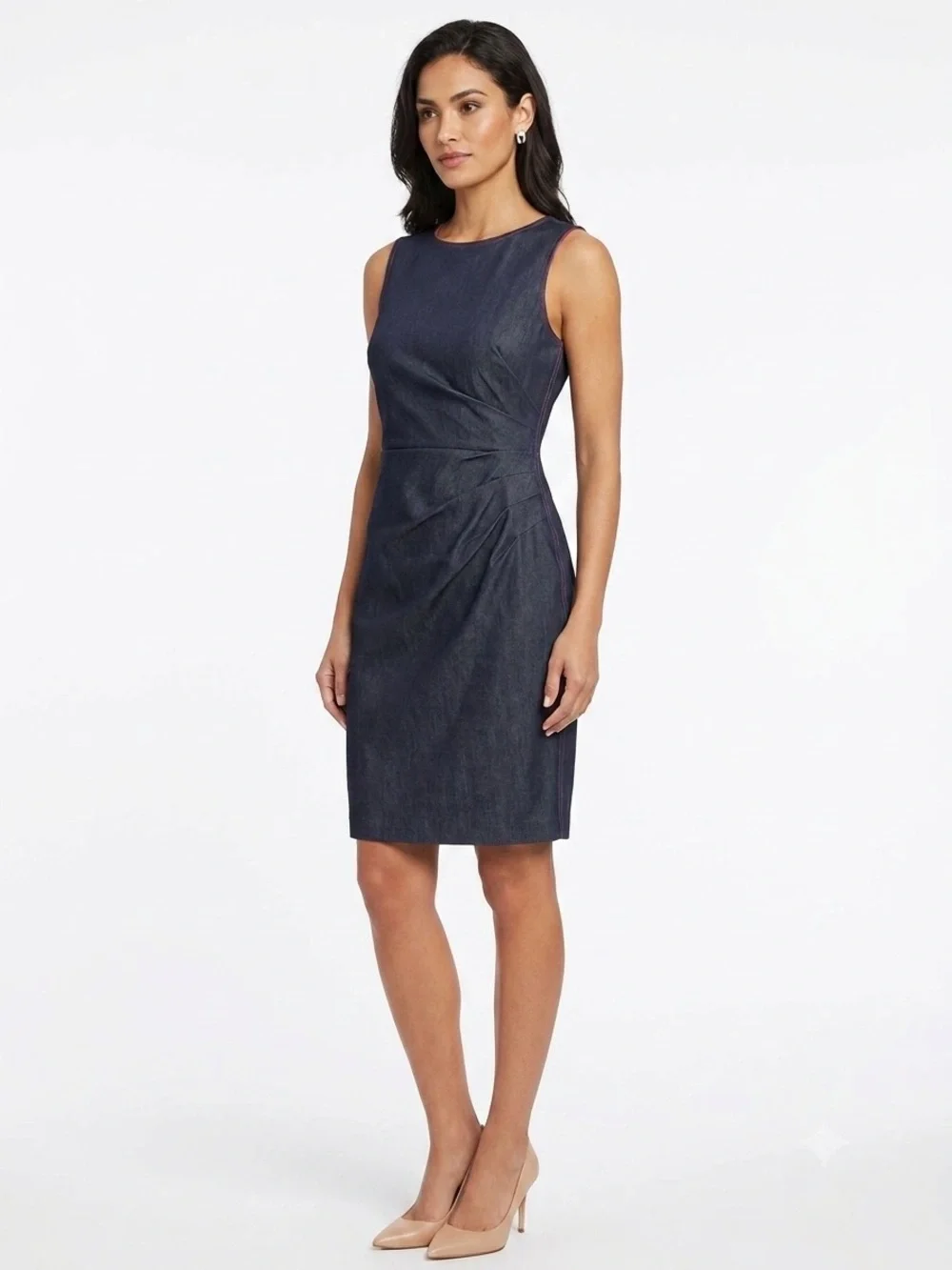 Maggie London Dark Wash Denim Sheath Dress Size 8 Pink Back Zipper⁠